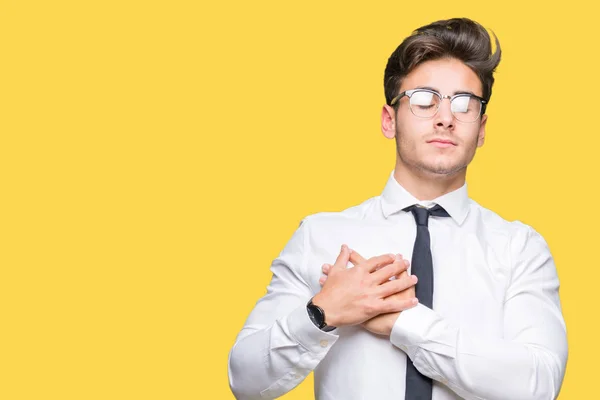 Young Business Man Wearing Glasses Isolated Background Smiling Hands Chest — Stock Photo, Image