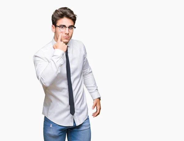 Unga Företag Man Glasögon Över Isolerade Bakgrund Peka Ögat Titta — Stockfoto