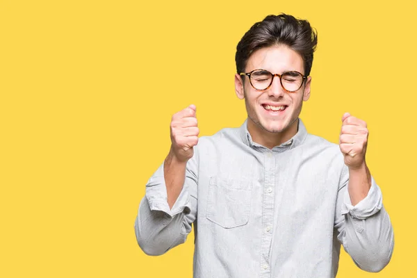 Young Handsome Man Wearing Glasses Isolated Background Excited Success Arms — Stock Photo, Image