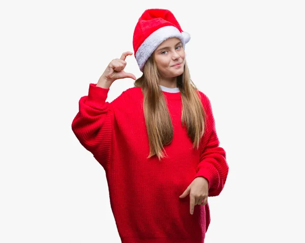 Mooi Meisje Dragen Kerstmuts Geïsoleerde Achtergrond Glimlachend Vertrouwen Gebaren Met — Stockfoto