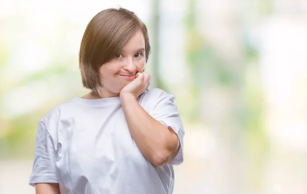 Junge Erwachsene Frau Mit Syndrom Vor Isoliertem Hintergrund Die Gestresst — Stockfoto