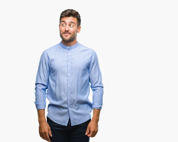 Joven Hombre Guapo Sobre Fondo Aislado Sonriendo Mirando Lado Mirando — Foto de Stock