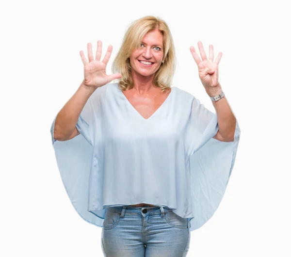 Orta Yaş Sarışın Kadını Gösterilen Parmakları Ile Işaret Izole Arka — Stok fotoğraf