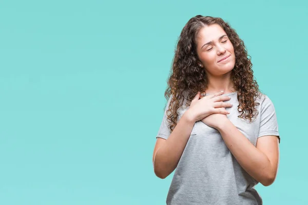 Mooie Jonge Brunette Krullend Haar Meisje Dragen Casual Look Geïsoleerde — Stockfoto