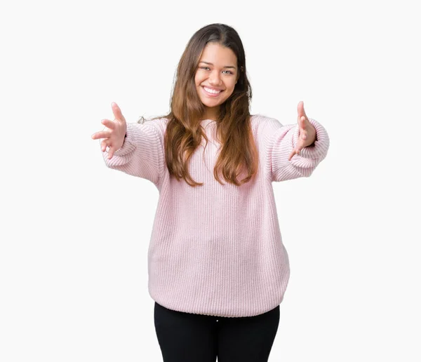 Junge Schöne Brünette Frau Trägt Rosa Winterpullover Über Isoliertem Hintergrund — Stockfoto