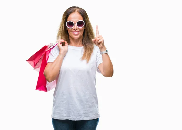 Middle Age Hispanic Woman Holding Shopping Bags Sales Isolated Background — Stock Photo, Image