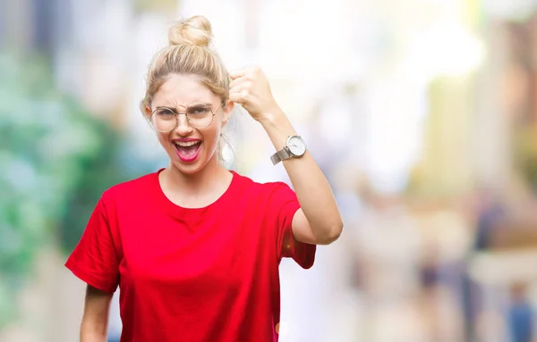 Mladá Krásná Blondýna Žena Nosí Červené Tričko Brýle Nad Izolované — Stock fotografie