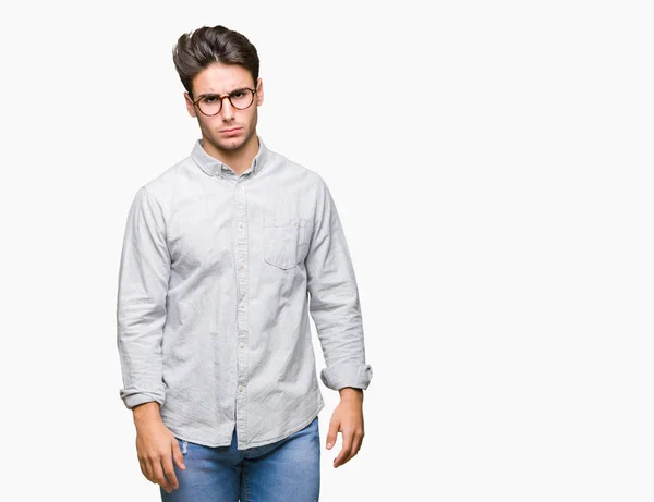 Joven Hombre Guapo Con Gafas Sobre Fondo Aislado Escéptico Nervioso — Foto de Stock