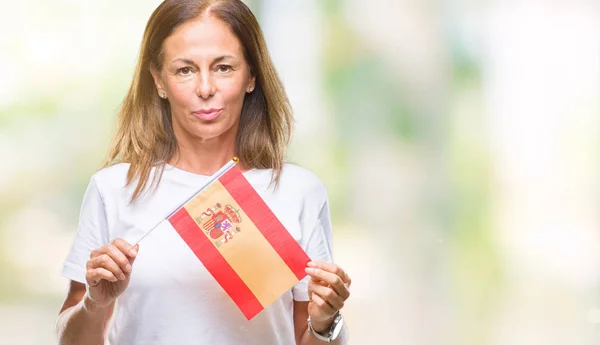 Middelbare Leeftijd Spaanse Vrouw Houdt Van Vlag Van Spanje Voeren — Stockfoto