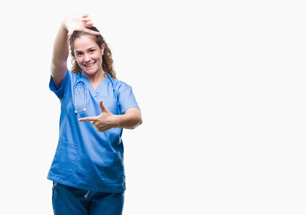 Young Brunette Doctor Girl Wearing Nurse Surgeon Uniform Isolated Background — Stock Photo, Image