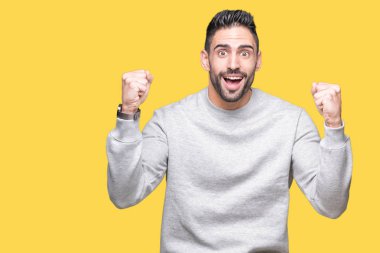 Yakışıklı delikanlı izole arka plan kutlama üzerinde sweatshirt giyen şaşırttı ve başarı için kaldırdı kollarını açarak hayret ve gözleri açık. Kazanan kavramı.