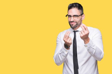 Maaş ödeme için milyoner iş soran arka plan yapıyor para hareketi el ile üzerinden gözlüklü genç yakışıklı iş adamı izole