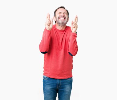 Umut ve gözleri kapalı geçiş parmaklarıyla gülümseyen izole arka plan üzerinde kış kazak giymiş yakışıklı orta yaş ağarmış komuta sizde. Şans ve batıl kavramı.