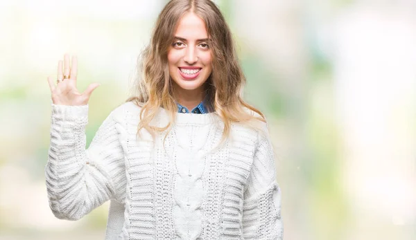 Mooie Jonge Blonde Vrouw Dragen Winter Trui Geïsoleerde Achtergrond Weergeven — Stockfoto