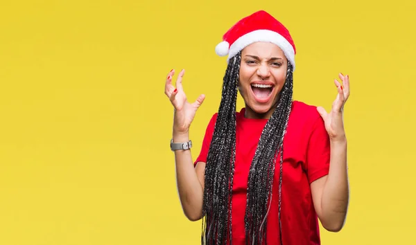 Jovem Trançado Cabelo Afro Americano Menina Vestindo Chapéu Natal Sobre — Fotografia de Stock