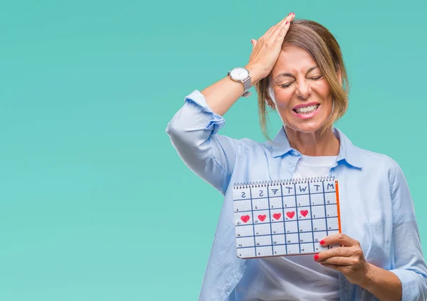 Middelbare Leeftijd Senior Spaanse Vrouw Houdt Van Menstruatie Kalender Geïsoleerde — Stockfoto