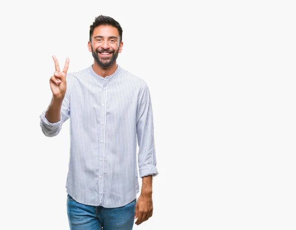 Homem Hispânico Adulto Sobre Fundo Isolado Sorrindo Com Rosto Feliz — Fotografia de Stock