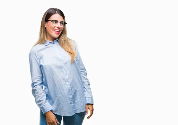 Jeune Belle Femme Affaires Portant Des Lunettes Sur Fond Isolé — Photo