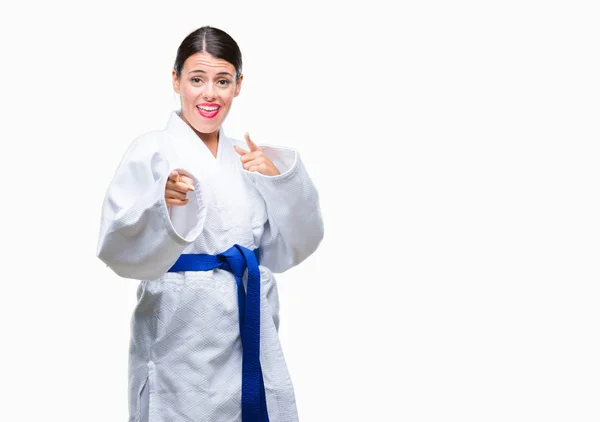 Young Beautiful Woman Wearing Karate Kimono Uniform Isolated Background Pointing — Stock Photo, Image