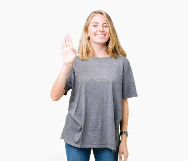 Beautiful Young Woman Wearing Oversize Casual Shirt Isolated Background Waiving — Stock Photo, Image