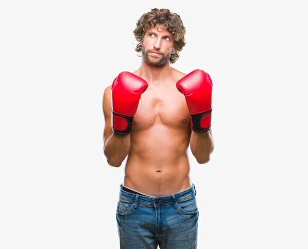 Handsome Hispanic Boxer Man Wearing Boxing Gloves Isolated Background Smiling — Stock Photo, Image