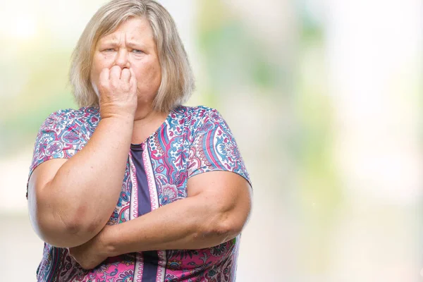 Senior Size Donna Caucasica Sfondo Isolato Cercando Stressato Nervoso Con — Foto Stock