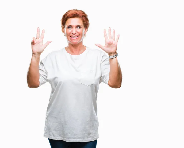 Atrractive Senior Caucasian Redhead Woman Isolated Background Showing Pointing Fingers — Stock Photo, Image