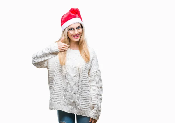 Jonge Mooie Blonde Vrouw Kerstmuts Dragen Geïsoleerde Achtergrond Gelukkig Duimschroef — Stockfoto