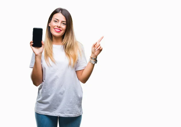 Joven Hermosa Mujer Que Muestra Pantalla Blanco Del Teléfono Inteligente — Foto de Stock