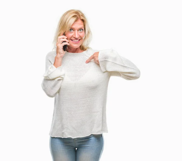Middle Age Blonde Woman Talking Smartphone Isolated Background Surprise Face — Stock Photo, Image