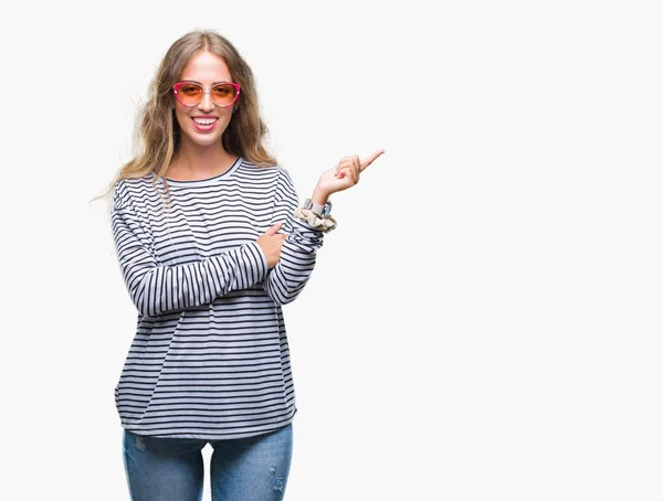 Beautiful Young Blonde Woman Wearing Sunglasses Isolated Background Big Smile — Stock Photo, Image