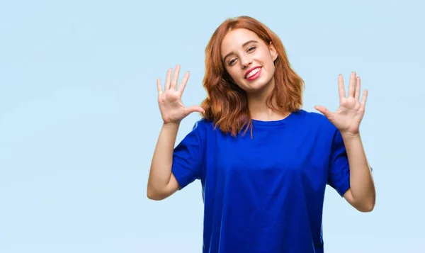 Young Beautiful Woman Isolated Background Showing Pointing Fingers Number Ten — Stock Photo, Image