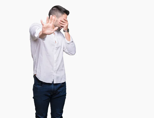 Joven Hombre Negocios Sobre Fondo Aislado Cubriendo Los Ojos Con —  Fotos de Stock