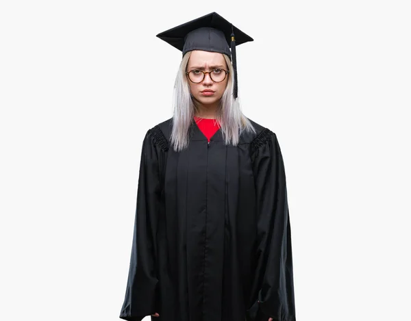 Mujer Rubia Joven Con Uniforme Graduado Sobre Fondo Aislado Escéptico —  Fotos de Stock