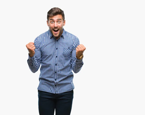 Joven Hombre Guapo Sobre Fondo Aislado Celebrando Sorprendido Sorprendido Por — Foto de Stock