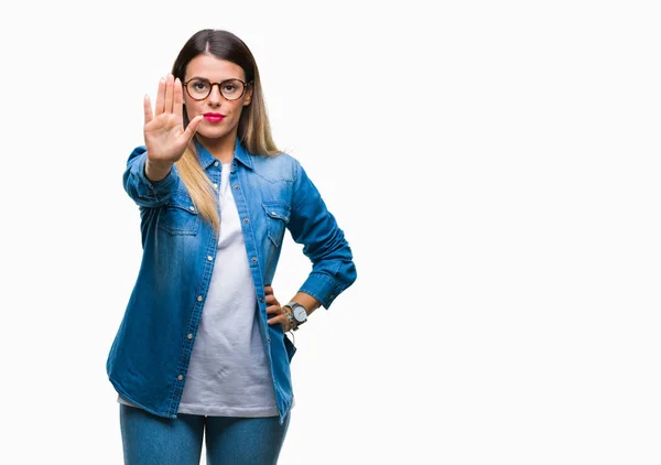 Junge Schöne Frau Mit Brille Über Isoliertem Hintergrund Die Mit — Stockfoto