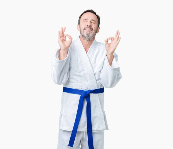 Hombre Mayor Mediana Edad Guapo Con Uniforme Kimono Sobre Fondo —  Fotos de Stock