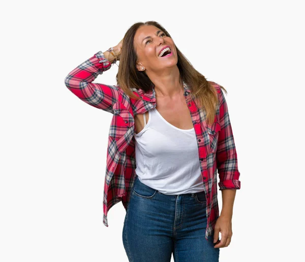 Beautiful Middle Age Woman Wearing Isolated Background Smiling Confident Touching — Stock Photo, Image