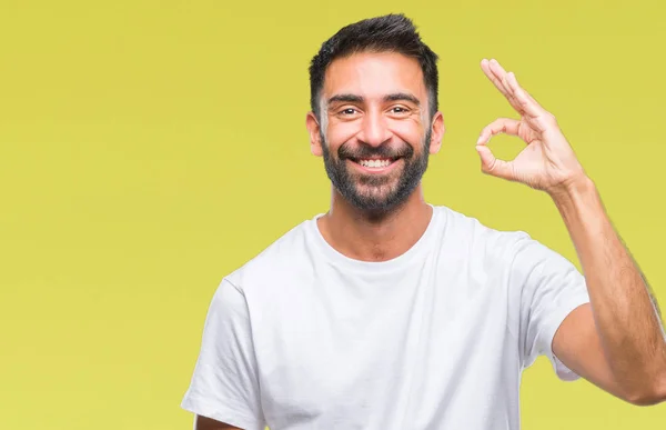 Uomo Ispanico Adulto Sfondo Isolato Sorridente Positivo Facendo Segno Con — Foto Stock