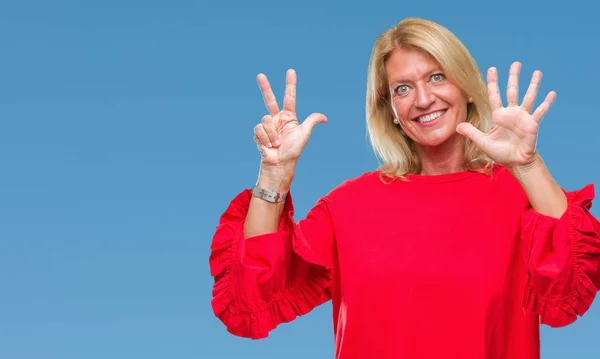 Middle Age Blonde Woman Isolated Background Showing Pointing Fingers Number — Stock Photo, Image