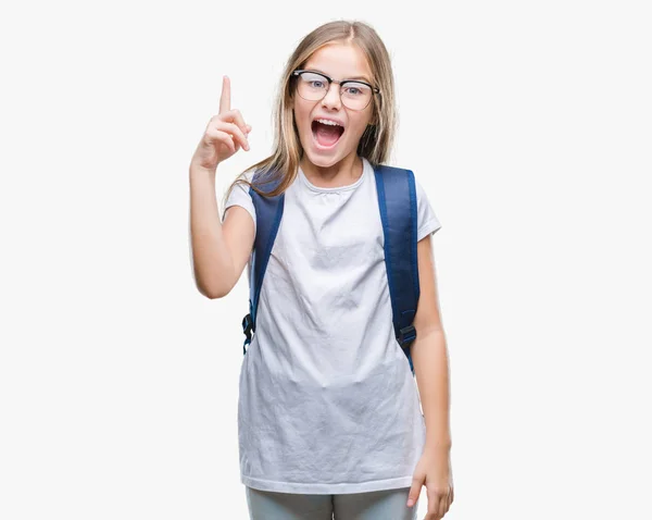 Jonge Mooie Slimme Student Meisje Dragen Rugzak Geïsoleerde Achtergrond Wijzende — Stockfoto