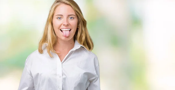 Beautiful Young Business Woman Isolated Background Sticking Tongue Out Happy — Stock Photo, Image