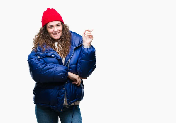 Hermosa Joven Morena Pelo Rizado Chica Con Abrigo Invierno Gorra —  Fotos de Stock