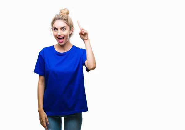 Jeune Belle Femme Aux Yeux Blonds Bleus Portant Shirt Bleu — Photo