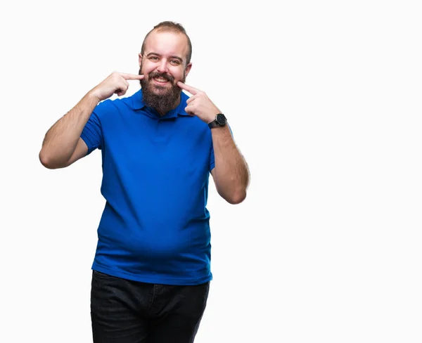 Mladý Bělošský Bokovky Muž Sobě Modrou Košili Izolované Pozadí Úsměvem — Stock fotografie