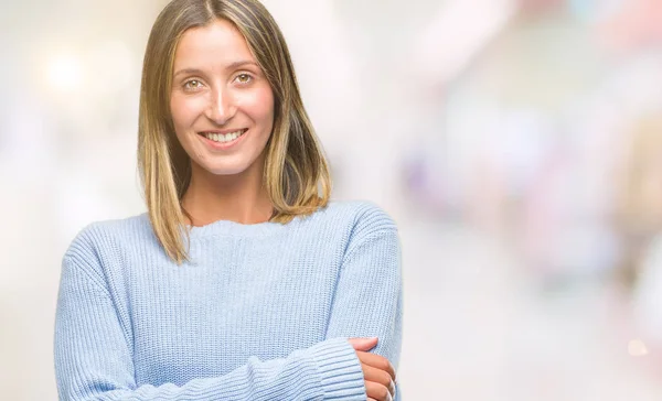 Mujer Hermosa Joven Vistiendo Suéter Invierno Sobre Fondo Aislado Cara — Foto de Stock