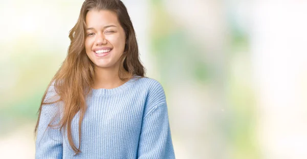 Joven Hermosa Mujer Morena Con Suéter Azul Invierno Sobre Fondo — Foto de Stock