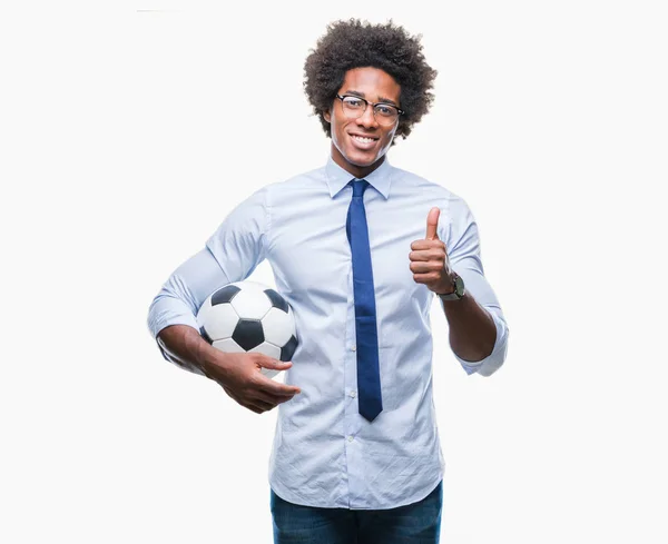 Афро Американських Менеджер Людина Тримає Футбольний Ізольований Фон Щасливі Великий — стокове фото