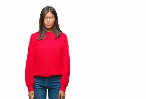 Mujer Asiática Joven Con Suéter Invierno Sobre Fondo Aislado Escéptico —  Fotos de Stock