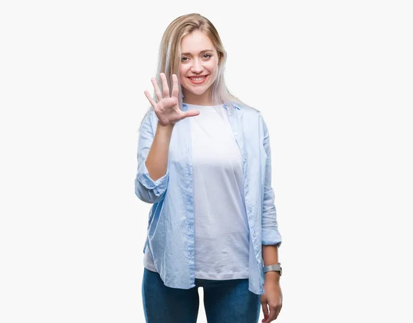 Junge Blonde Frau Über Isoliertem Hintergrund Die Mit Finger Nummer — Stockfoto